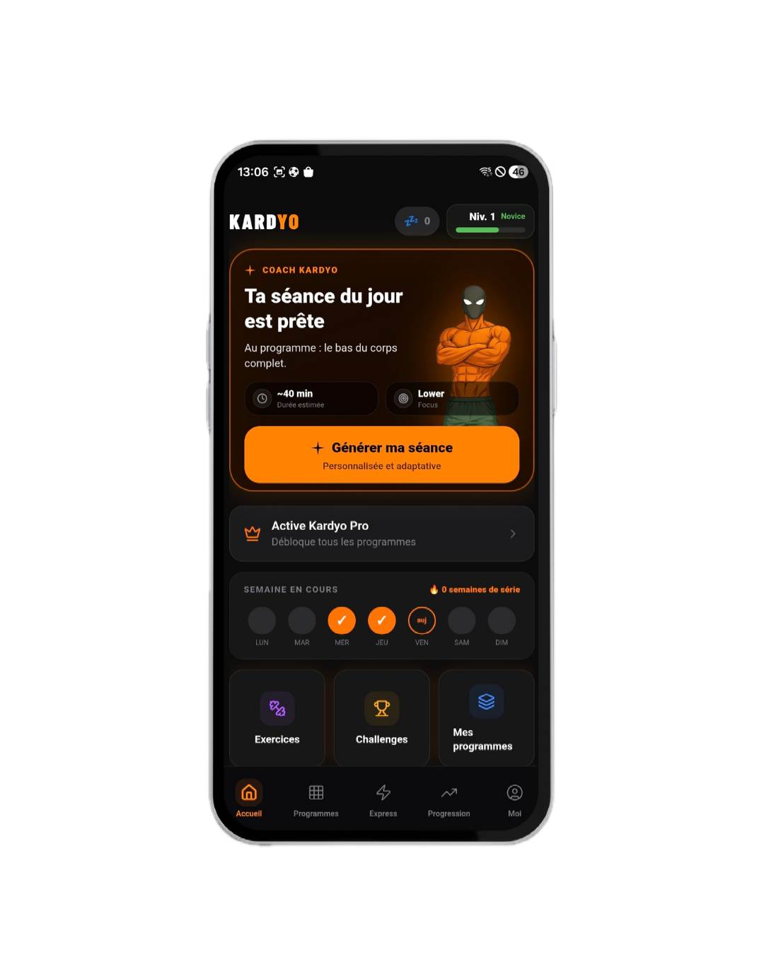 Écran d'accueil de l'application Kardyo : séance du jour, semaine en cours et programmes